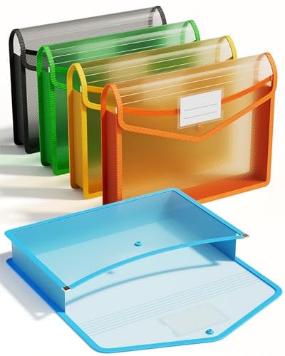 ThinkTex A4 Plastic File Folder, 5 Pcs Document Folder Transparent envelopes with Snap Closure, No Dividers, Large Capacity, Assorted Colors, for School Office Home