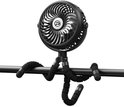 Winique Pram Fan, 2600mAh Battery Powered Car Seats Clip-on Ultra Quiet 3 Speed 360° Rotatable Personal USB Desk Fan with LED Lights for Car/Stroller/Bike/Camping/BBQ/Gym