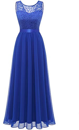 Berylove Robe Longue Femme Soirée Dentelle Fleur Mousseline Droite Bleu Roi pour Mariage Invitée BLP7025 RoyalBlue S