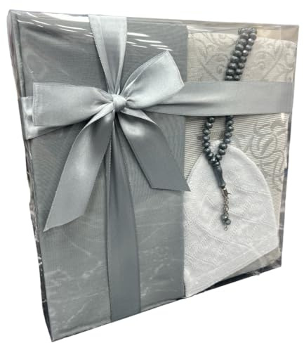 Geschenkbox Set mit Kopftuch, Gebetsmütze, Tesbih und Gebetsteppich (Grau)
