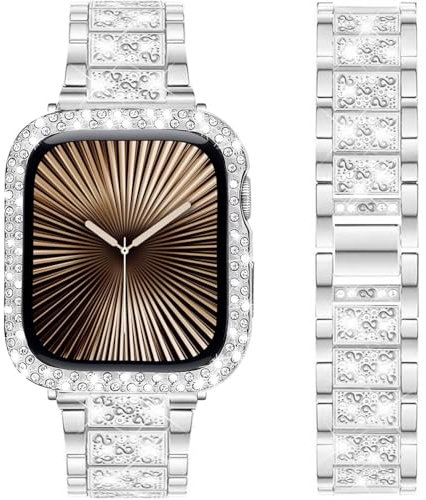 DEALELE Bands and Case Compatible with Apple Watch Series 6/5 / 4 / SE (44mm), Bling S-Texture Diamond Metal Strap with Protective Case Cover Replacement for iWatch 44mm Women Men (Silver)