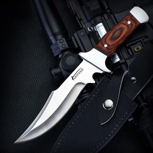 Omesio Couteau de chasse et de survie en milieu sauvage avec étui en polyuréthane, manche en bois, couteau de camping (rouge)