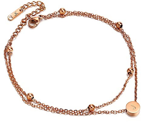 Kim Johanson Edelstahl Damen Fußkettchen *Buchstabe* in Roségold Doppelte Fußkette mit 6 Kugeln | Buchstaben A bis Z | Wasserfest | Frauen Boho Schmuck | Verstellbar inkl. Schmuckbeutel (J)