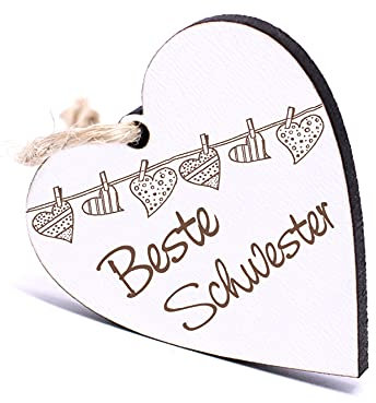 DEKO-LANDO Beste Schwester Herz Schlüsselanhänger Holz Gravur - Geschenk Geschwister Schwesterherz ca. 4 x 4 x 0.5 cm, Weiß