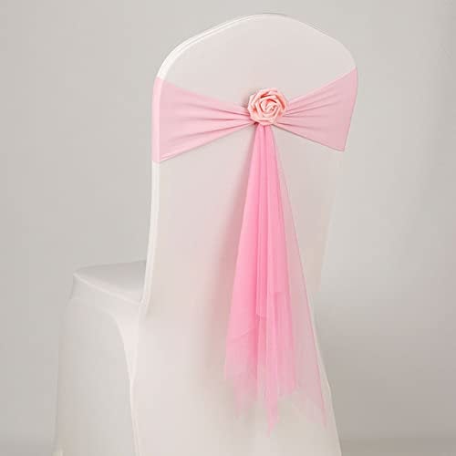 Schärpe mit Rosenkugel, künstliche Blume, Organza, Hochzeit, Spandex, Fliege, Band, Gürtel, Knoten, passend für alle Bankettstühle, Pink