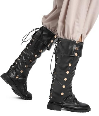 KUOIN Steampunk-Beinstiefelüberzüge, Kunstleder, Piraten-Cosplay, Renaissance-Zubehör, Schwarz-f, Einheitsgr��e