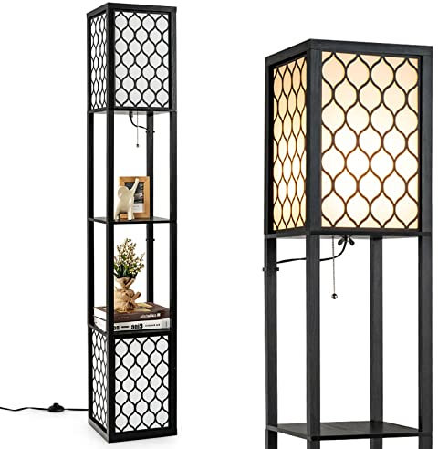 RELAX4LIFE Lampadaire Étagère 160 CM, Lampadaire Salon sur Pied Moderne, Abat-jour en Tissu, Ampoule E27, Lampe sur Pied pour Salon Chambre Bureau (Style 6)