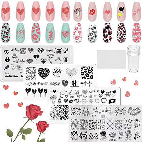 RUNRAYAY 6Pcs Heart Nail Stamping Plates Set with Nail Stamper & Scraper, Valentine's Day Theme Nail Art Stamping Plates Love Lips Plaid Stamp Templates Kit Nail Image Manicuring DIY Printing Tools