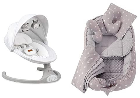 MoMi LAMI Babywippe für Kinder bis 9 kg & Medi Partners 5 teilig Babynestchen Set Babynest 100x60x15 herausnehmbarer Einsatz Bett Kuschelnest Krabbeldecke Babys Neugeborene 100% Baumwolle