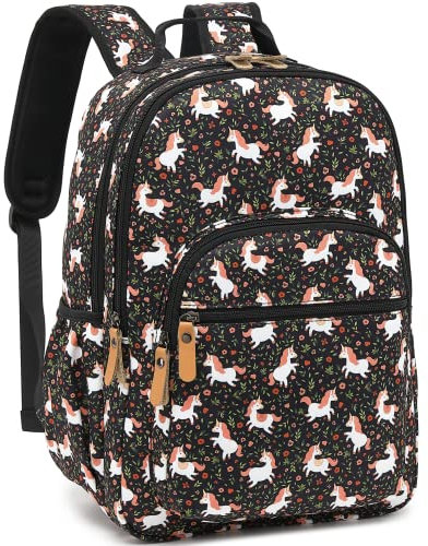 Leaper Wasserabweisender Schulrucksack mit Blumenmuster, Reisetasche, Büchertasche, Damentasche, Schwarz-Einhorn, Large-more layers-15.6, Traditionelle Rucksäcke