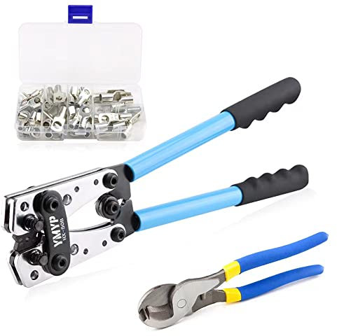 YMYP Battery Cable Lug Crimping Tool for AWG 10-1 Copper Wire Lugs with Cutter & 60 Pcs 8 Sizes Copper Ring Kit, Crimper for Heavy Duty