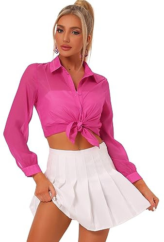 Allegra K Sheer Button Up Shirts for Women See Through Mesh Long Sleeve Shirt Tops Hot Pink M