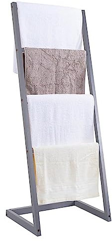Vencier Bamboo Freestanding Towel Rack Drying Stand with Four Hanging Rails Wooden Bathroom Clothes Rack Clothing & Towels Freestanding Holder (Grey)