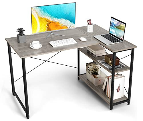 COSTWAY Schreibtisch L-Form, Computertisch mit Regal rechts oder Links, Eckschreibtisch mit Ablagefächern, Ecktisch Bürotisch für Heimbüro, kleine Räume, 120 x 88 x 74,5 cm (Grau)