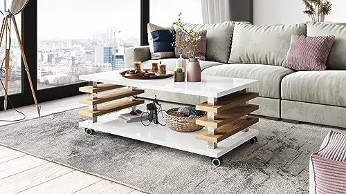 DC-3 Couchtisch Weiß Hochglanz/Eiche Gold 120x60cm mit Ablage modern stabil vielseitig Wohnzimmertisch Beistelltisch Sofatisch Zeitloses Design platzsparend robust Wohnzimmer mit Rollen