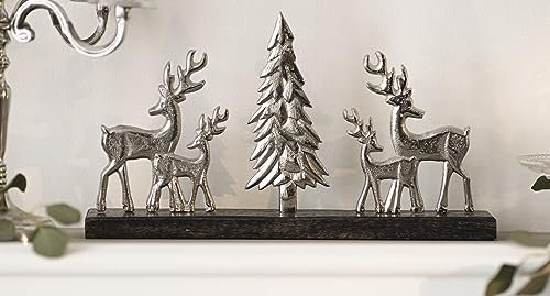 Dekoboard Rentier & Tanne aus Mango Holz schwarz & Aluminium Silber, Weihnachtsdeko für's Wohnzimmer, Dekofigur