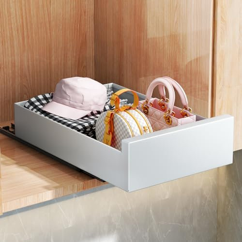 SAYZH Cajón Telescópico, Cajón Deslizante Para Alacena, Cajón de Cocina Extensible Desplegable, (25 cm de Ancho x 43 cm de Profundidad x 9 cm de Alto), Sin Necesidad de Taladrar Ni Clavar (Blanco)