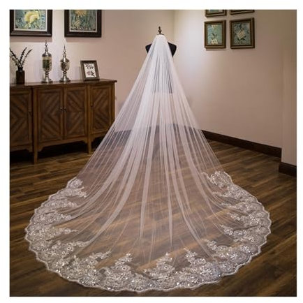 DUNSBY Brautschleier Brautschleier Spitzenkante Lang Luxuriöser Brautschleier Applikation Pailletten Weiß/Elfenbein Schleier Mit Kamm Einschichtig 3 Meter (Color : Light Ivory Offwhite, Size : 300cm)