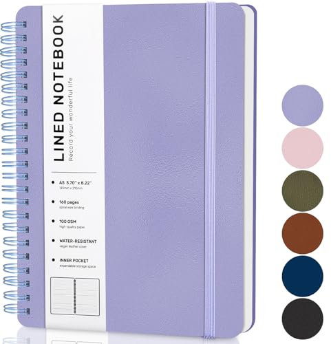 Lined Spiral Journal Notebook, A5 Hardcover Leather Notebook for Work, 5.7''×8.2'', 100GSM Thick Paper Spiral Bound Journaling Notebooks for Women & Men Office School Note Taking Business, Purple