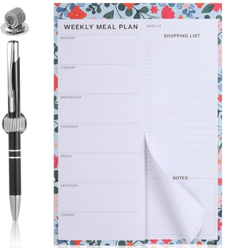 Meal Planner and Shopping List, 60 Sheets Tear Off Weekly Meal Planner Magnetic Notepads 7 x 9 Shopping List Pad with 1 Magnetic Pen Clip & 1 Metal Ballpoint Pen for Refrigerator or Desk