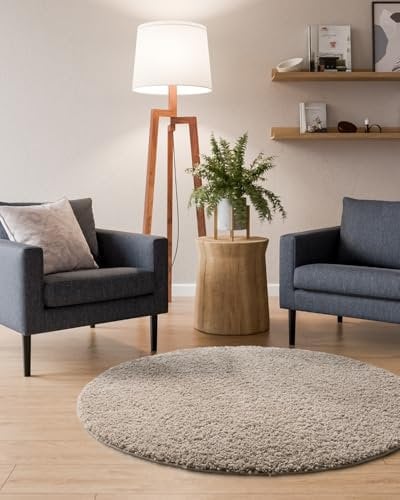 Interiyou Hochflor Teppich Sofia - 120x120 cm Rund Beige - flauschig und einfarbig - waschbar und rutschfest - weicher Langflor