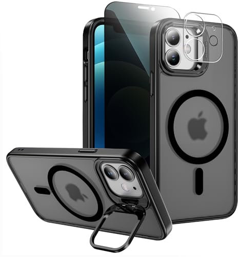 TXXO for iPhone 12 / iPhone 12 Pro case for MagSafe Privacy Screen and Stand with Camera Lens Protector, Military Shockproof Scratch Matte Finish Slim Cover Magnetic Phone Case for iPhone 12 - Black
