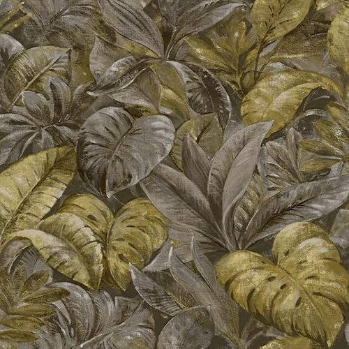SOPHIE LAURENCE Anori Wallpaper - Ochre Yellow and Green Tropical Jungle Design, Artistic Canvas Finish, Paste The Wall, Washable, Strippable, Modern Style, 0.53m x 10.05m Roll