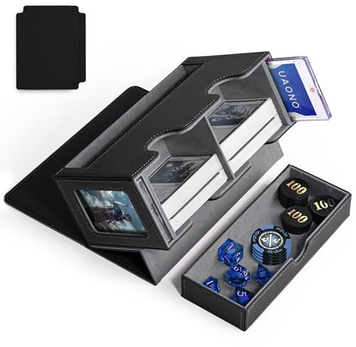 UAONO Caja de cartas para MTG, caja de almacenamiento doble con 2 pantallas Commander y 1 bandeja de dados, se adapta a más de 200 fundas dobles, organizador para deportes CCG TCG (negro y gris)