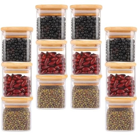 Cobenga 12 Pcs Glass Spice Jars with Bamboo Lid, 150 ml Air Tight Canister Kitchen Food Storage Container Set with Black Lables, Empty Seasoning Jars for Spice Salt Sugar