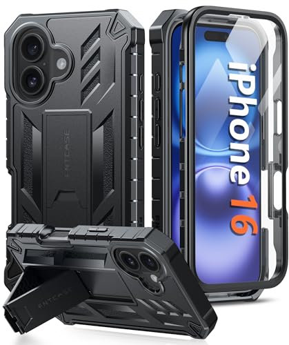 FNTCASE for iPhone 16 Phone Case: for iPhone 16 case with Kickstand Shockproof Military Grade Protective Cover - Dual Layer 360 Full Protection Sturdy Matte Textured Drop Proof - 6.1 Inch Black
