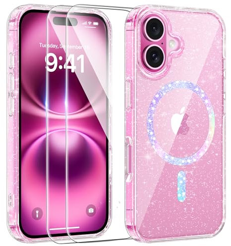 AROYI 3 in 1 Clear Glitter Case Compatible with iPhone 16 Case with 2 Tempered Glass Screen Protector, Bumper Anti-Scratch Sparkle Bling Women Girls Phone Case for iPhone 16 6.1