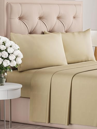Set Lenzuola 4 Pezzi 180x200 - Microfibra Piatto + 2 Federe - Beige | Spazzolata Morbida, Traspirante, Lenzuolo Piatto Incluso, Angoli Elasticizzati, Lavabile in Lavatrice, Certificata OEKO-TEX