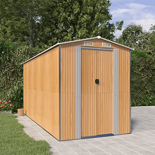 ShGaxin Geräteschuppen, Gerätehaus, Fahrradgarage, Gartenhütte, Fahrradunterstand, Gartenhäuschen, Garten Hütte, Fahrrad Unterstand, Hellbraun 192x440x223 cm Verzinkter Stahl