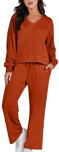OBiQuzz Set da donna in due pezzi, con scollo a V, in tinta unita, da jogging, da casa, da allenamento, da yoga, da corsa, a maniche lunghe, abbigliamento sportivo casual, Arancione 36, S