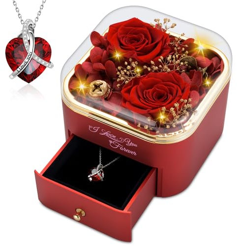 Rosa real roja preservada con collar I Love You, regalos para ella, mujeres, mamá, novia, rosa preservada con luz LED para el día de San Valentín, día de la madre, cumpleaños, aniversario (rojo)