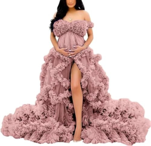 YIANN Robe de maternité à épaules dénudées longue pour séance photo en tulle avec volants - Robe de grossesse pour baby shower, vieux rose, 40
