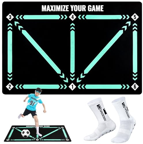 Tuocal Fußball-Trainingsmatte, 90 x 60 cm, Fußball-Fußschritttraining mit Griffsocken, rutschfestes Fußballtraining zur Verbesserung des Dribbelns, Kinderspiel, Zielmeisterungsmatte, Trainingsgerät
