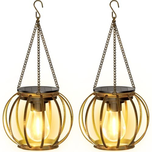 BUCASA Solarlampen für Außen Hängend, 2 Stück Bronze Solarlaterne für Außen mit Größer LED-Glühbirne, IP65 Wasserdicht Solarleuchten Gartendeko mit Haken und Kette für Terrasse Rasen Balkon Hof