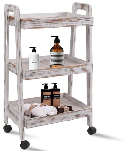 lamde 3-Tier Wooden Rolling Cart- Wooden Utility Cart wit Wheels- Utility Rolling Cart-Storage Trolley Organizer- Rolling Kitchen Cart Serving Cart for Office,Kitchen, Kids' Room (White)