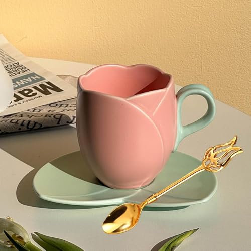 Tazas Para Cafe Bonitas,Taza de café de cerámica con forma de tulipán, con posavasos y cuchara,Taza Tulipan Rosa, taza de té de 300 ml con asa cómoda for el hogar y la oficina,Regalos para Mamá(Pink,H