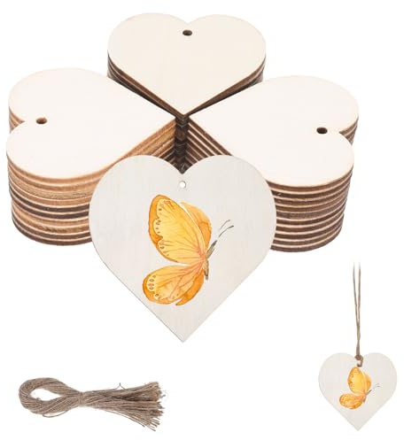 50 Stück Holzherzen Zum Beschriften 5cm/1.97inch, Holzherzen Zum Bemalen | Natur Buchsbaum Herz Holz mit Loch für Hochzeit, Party, Jubiläum, Geschenkanhänger, DIY Handwerk, Hochzeitdeko Streudeko