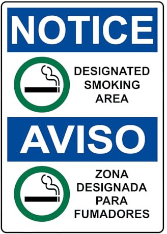 Señal de zona de fumadores designada en inglés y español con símbolo de seguridad, estilo 1144, letrero metálico de precaución de 8 x 12 pulgadas, diseño llamativo y de alta visibilidad para mayor seg