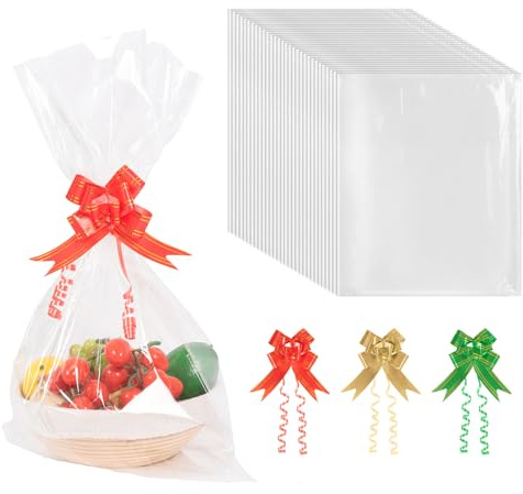 30 Pcs Cellophane Wrap for Hampers, 60 x 40cm Clear Gift Bags with Pull Bows, Large Cellophane Bags for Hamper Making Christmas Easter Valentine's Day Presents Packaging (Clear, 40X60)