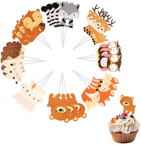 24 PCS Wald Tier Party Kuchendeckel Woodland Cupcake Topper Dessert Picks für Babyparty Kindergeburtstag, Babyparty & Wald-Motto, cupcake topper waldtiere Deko für Muffins, Kuchen & Party-Desserts