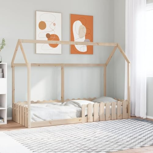 Kaloriko Kinderbett Hausbett 80x200 cm Massivholz Kiefer, Stabiler Bettrahmen, niedriges Bodenbett für Kinderzimmer, sichere Seitengitter, offenes Dach zum Dekorieren, 100 kg Belastbarkeit
