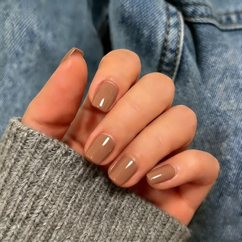 KQueenest Press On Nails Short Square, 30 Pcs 15 Sizes Light Brown False Nails Short, Reusable Thick Fake Nails Press ons, Soft Gel Natural Stick on Nails for Women Everyday Elegance