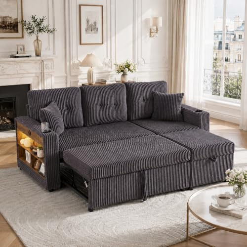 Mobscot Extendable Schlafsofa mit Fußbank, Cord Chaise Sofas mit LED-Ambiente & USB Anschluss, Getränkehaltern, Stauraum, 2 Cushions, 3-in 1 Sofa Bed für Wohnzimmer, Gästezimmer 82/144x196x85cm