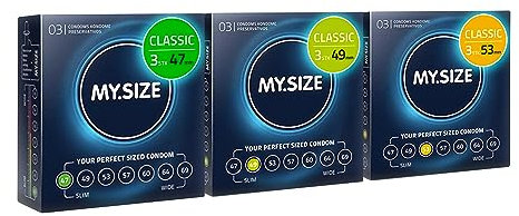MY.SIZE Classic Condones paquete de prueba de 3 unidades | Ancho 47, 49, 53 mm | 3x3 preservativos premium extra delgados | Ultra sensibles y delicados | Grosor 0,07 mm | Veganos