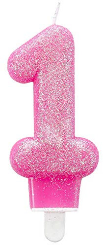 Amscan 9900761 - Zahlenkerze 1, Höhe 7,6 cm, Null, Rosa, Glitzer, Tortenkerze, Kerze, Geburtstag, Kuchen, Dekoration