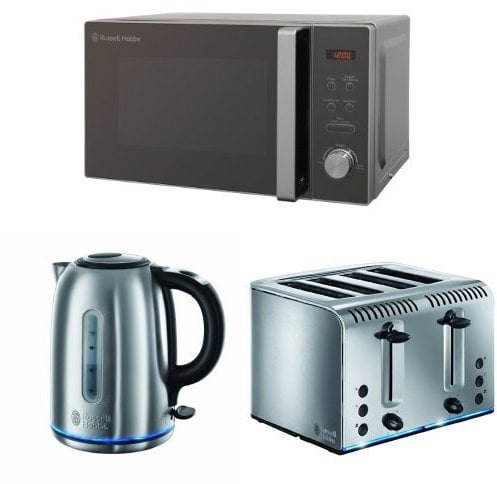 Russell Hobbs 20 L Silver Digital Microwave with Buckingham Quiet Boil Kettle, 1.7 L, 3000 W and Buckingham 4 Slice Toaster - Brushed Stainless Steel Silver